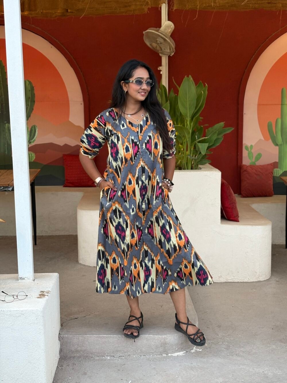 GRAY IKKAT PRINT TUNIC DRESS