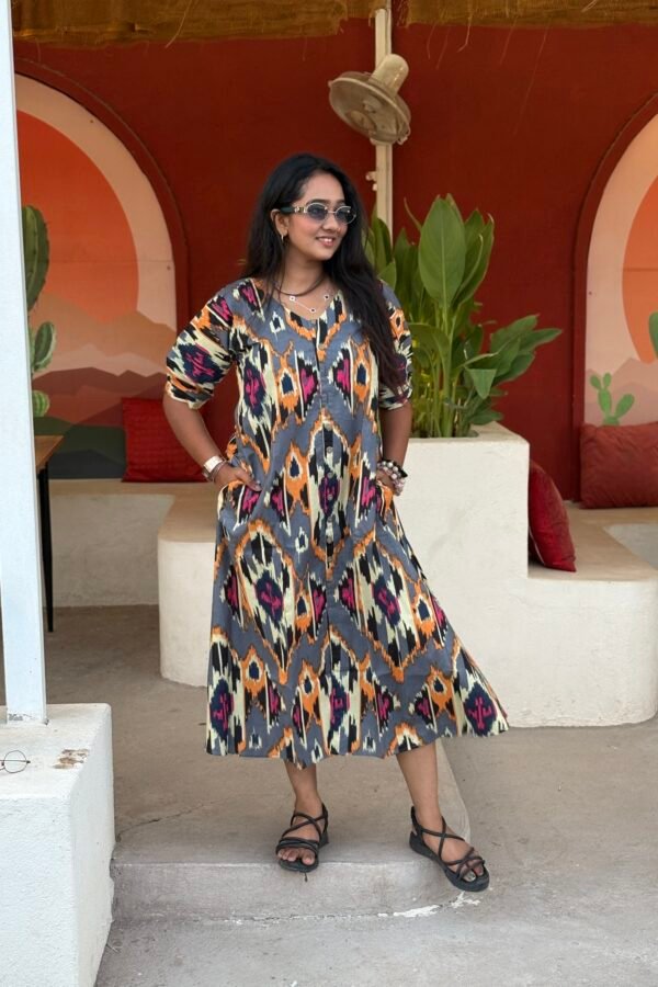 GRAY IKKAT PRINT TUNIC DRESS