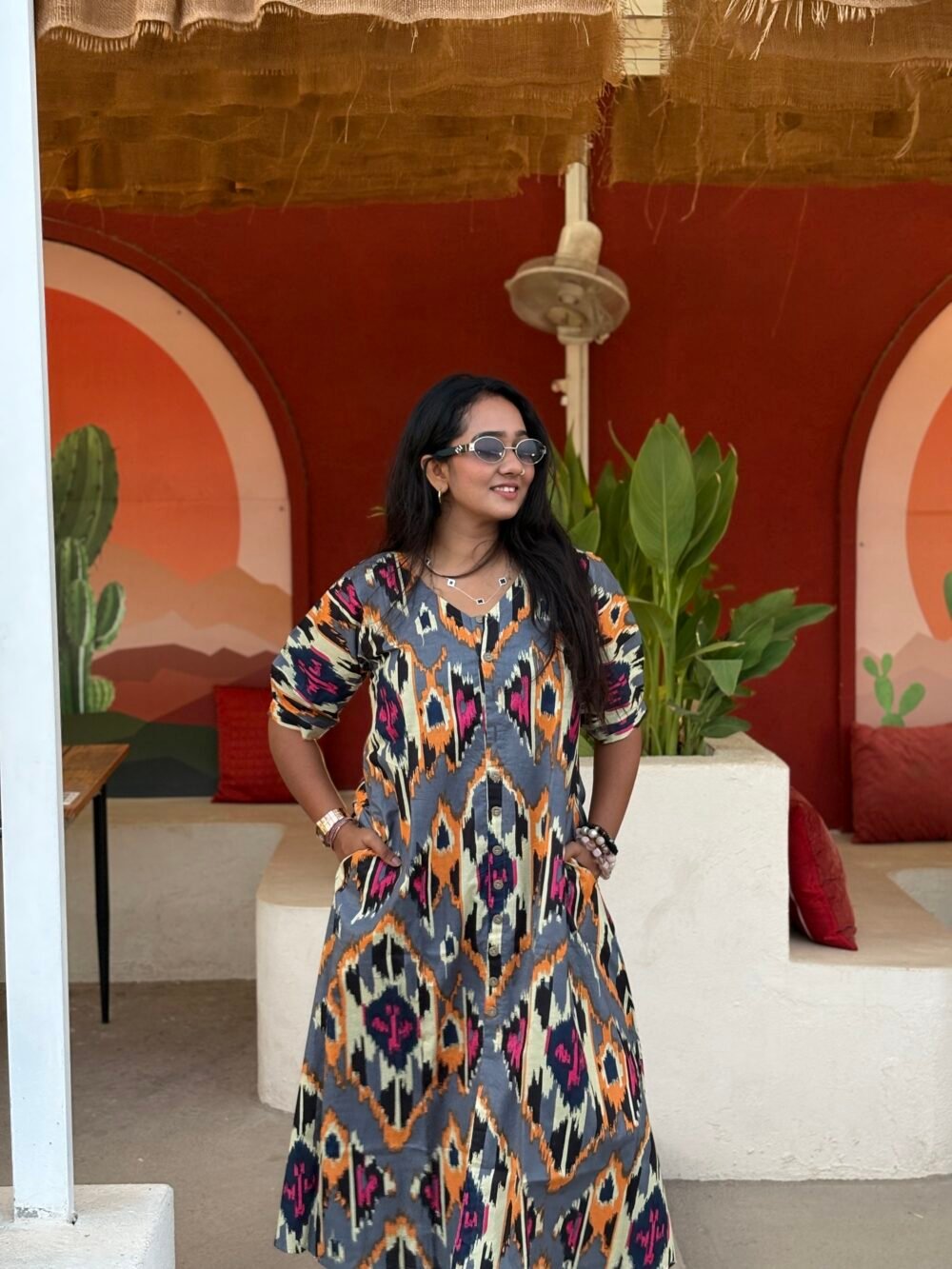GRAY IKKAT PRINT TUNIC DRESS - Image 2