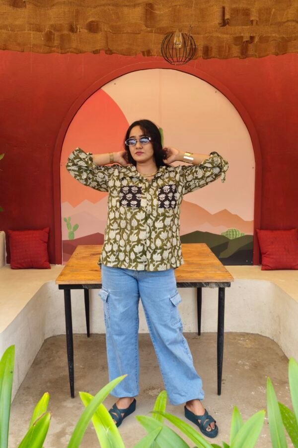 Handblock printed Green Flower Dabu shirt